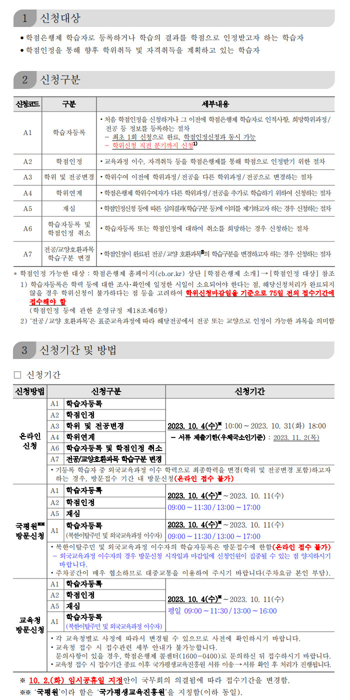 학점인정신청 안내 캡처 이미지:내용은 첨부파일과 같음