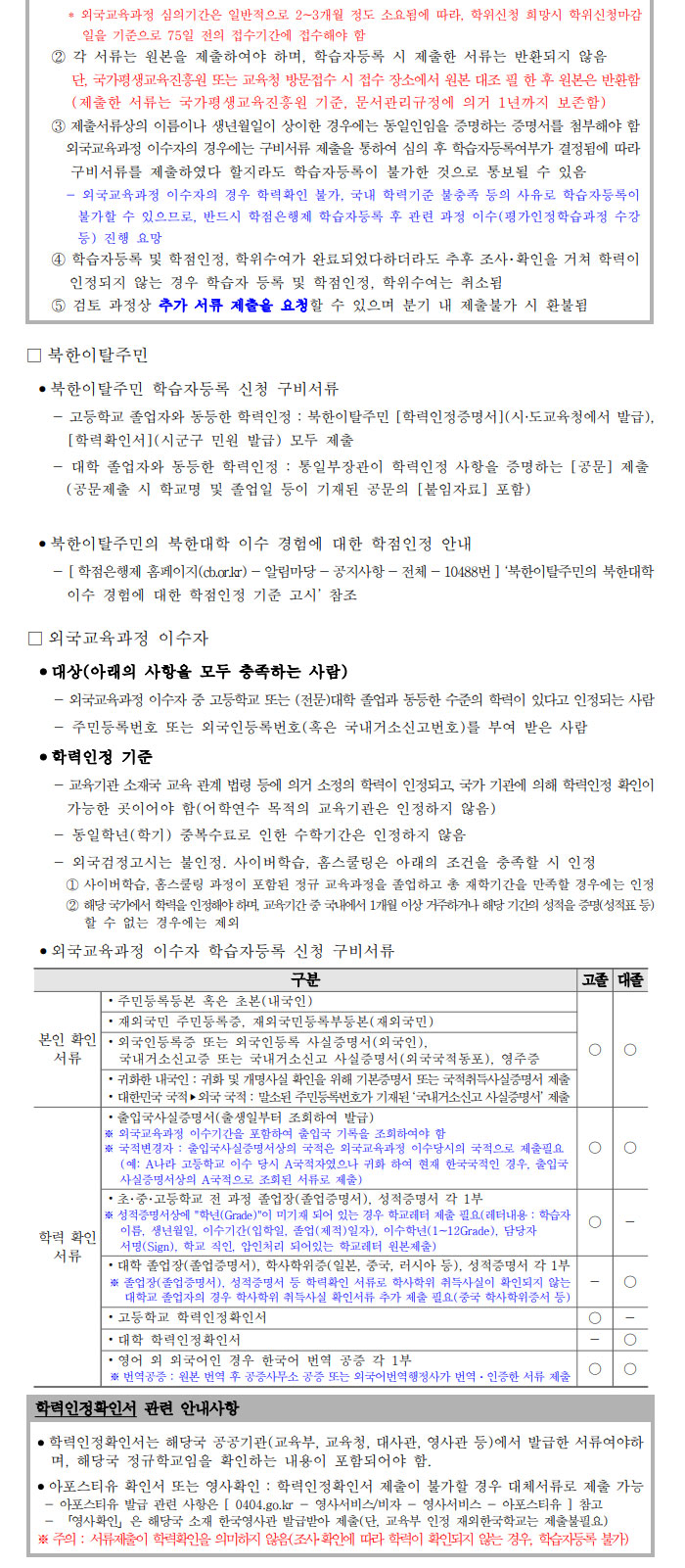 학점인정신청 안내 캡처 이미지:내용은 첨부파일과 같음