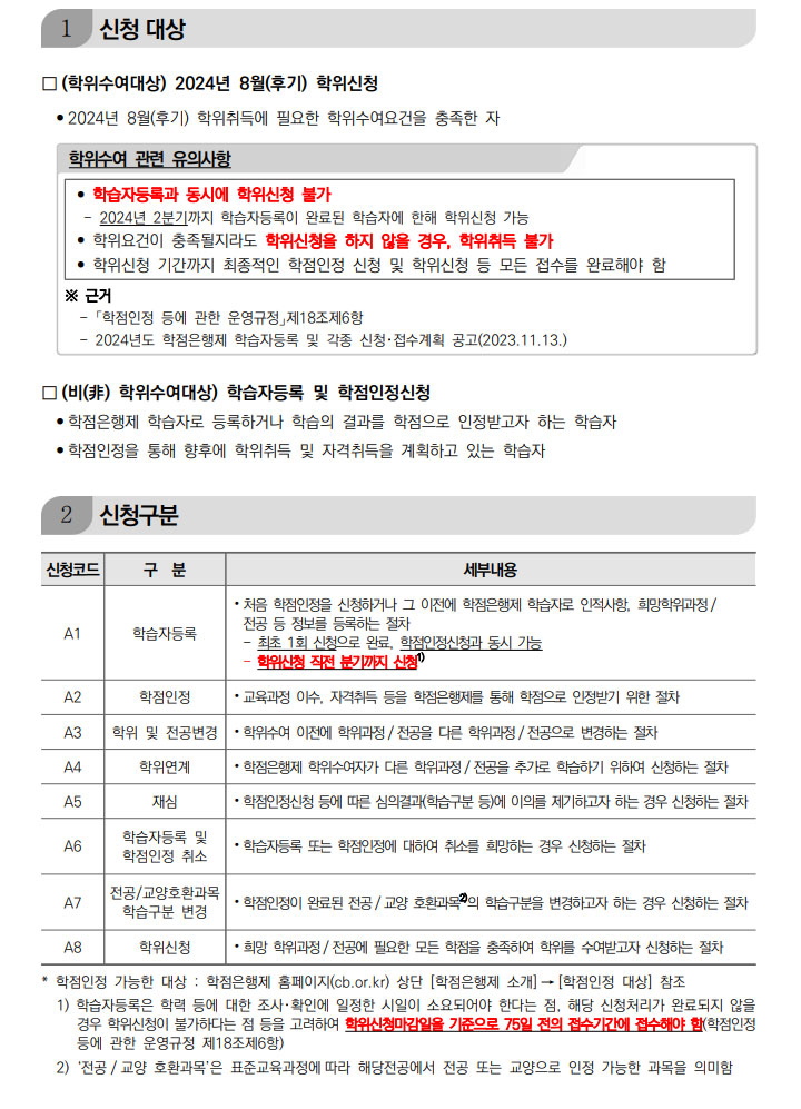 학점인정신청 안내 캡처 이미지:내용은 첨부파일과 같음