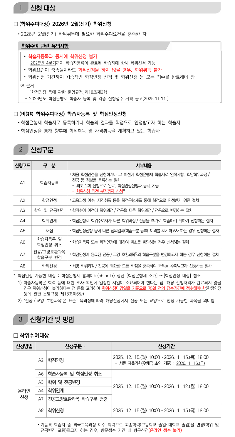 학점인정신청 안내 캡처 이미지:내용은 첨부파일과 같음